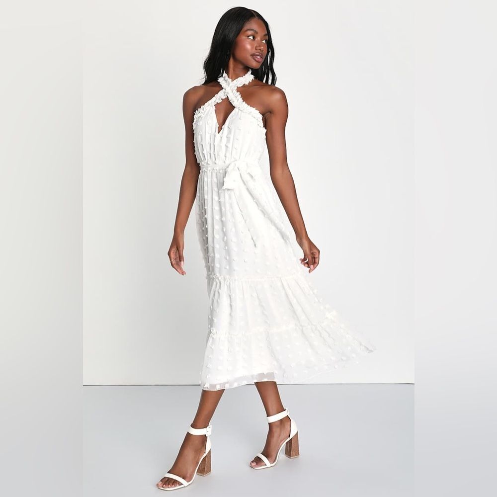 NWT Lulus Sensational Essence White Clip Dot Tiered Halter Midi Dress Medium